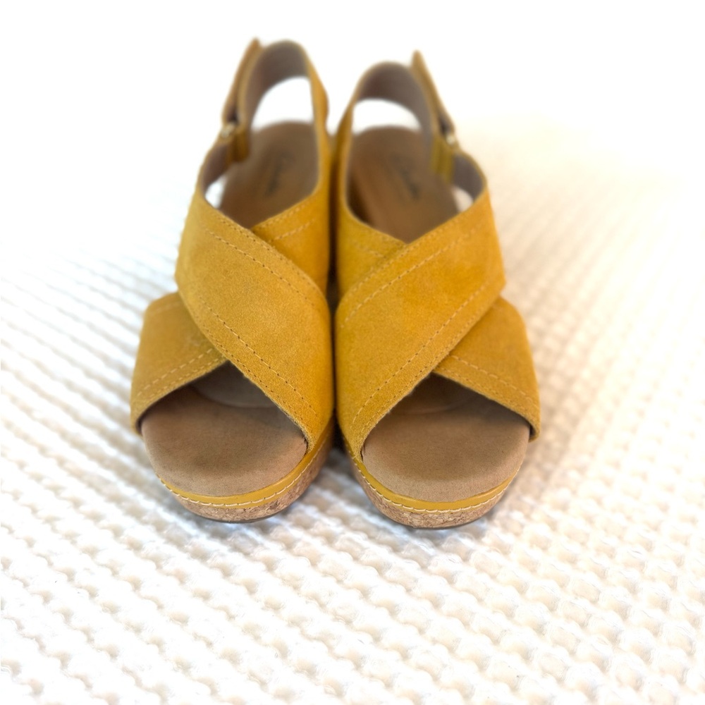 Clarks Mustard Yellow Suede Crisscross Wedge Sandals